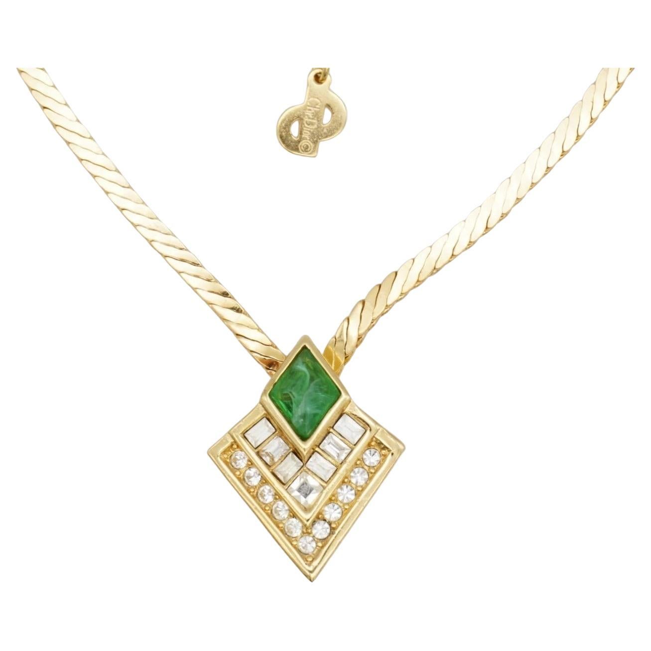 Christian Dior Vintage Gripoix Emerald Diamond Rectangle Crystals Gold Necklace For Sale