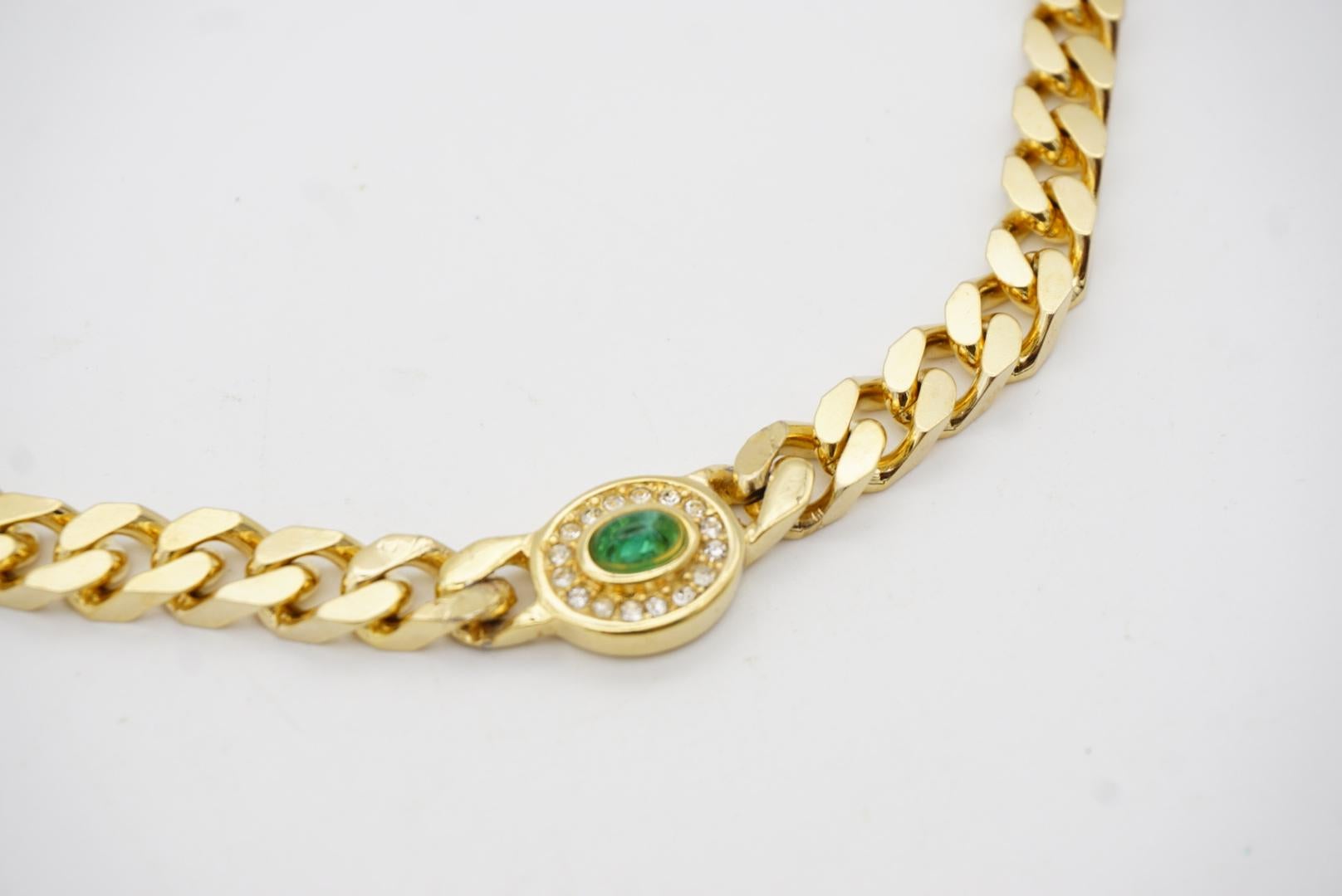 Christian Dior Vintage Gripoix Emerald Green Crystal Oval Cuban Chain Necklace 5