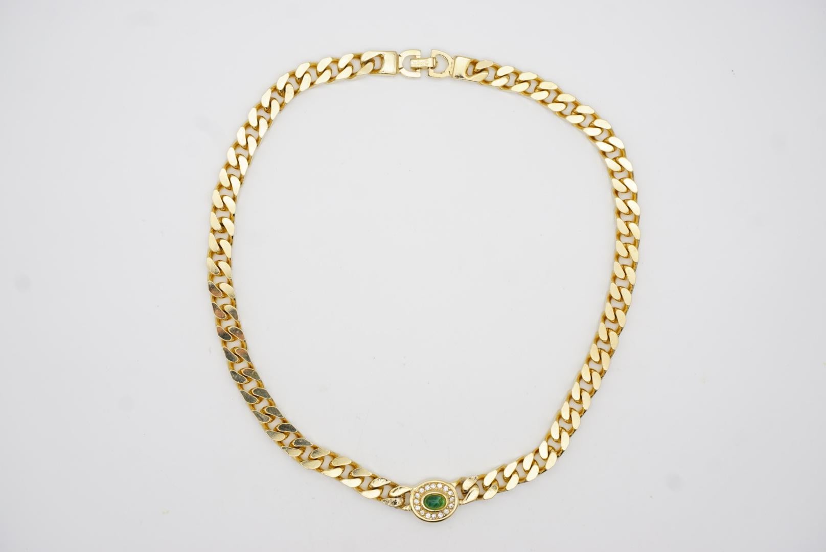 Egyptian Revival Christian Dior Vintage Gripoix Emerald Green Crystal Oval Cuban Chain Necklace