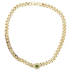 Christian Dior Vintage Gripoix Emerald Green Crystal Oval Cuban Chain Necklace