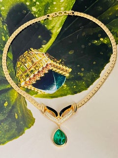 Christian Dior Vintage Gripoix Emerald Marble Water Drop Black Crystal Necklace