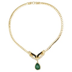 Christian Dior Vintage Gripoix Emerald Marble Water Drop Black Crystal Necklace