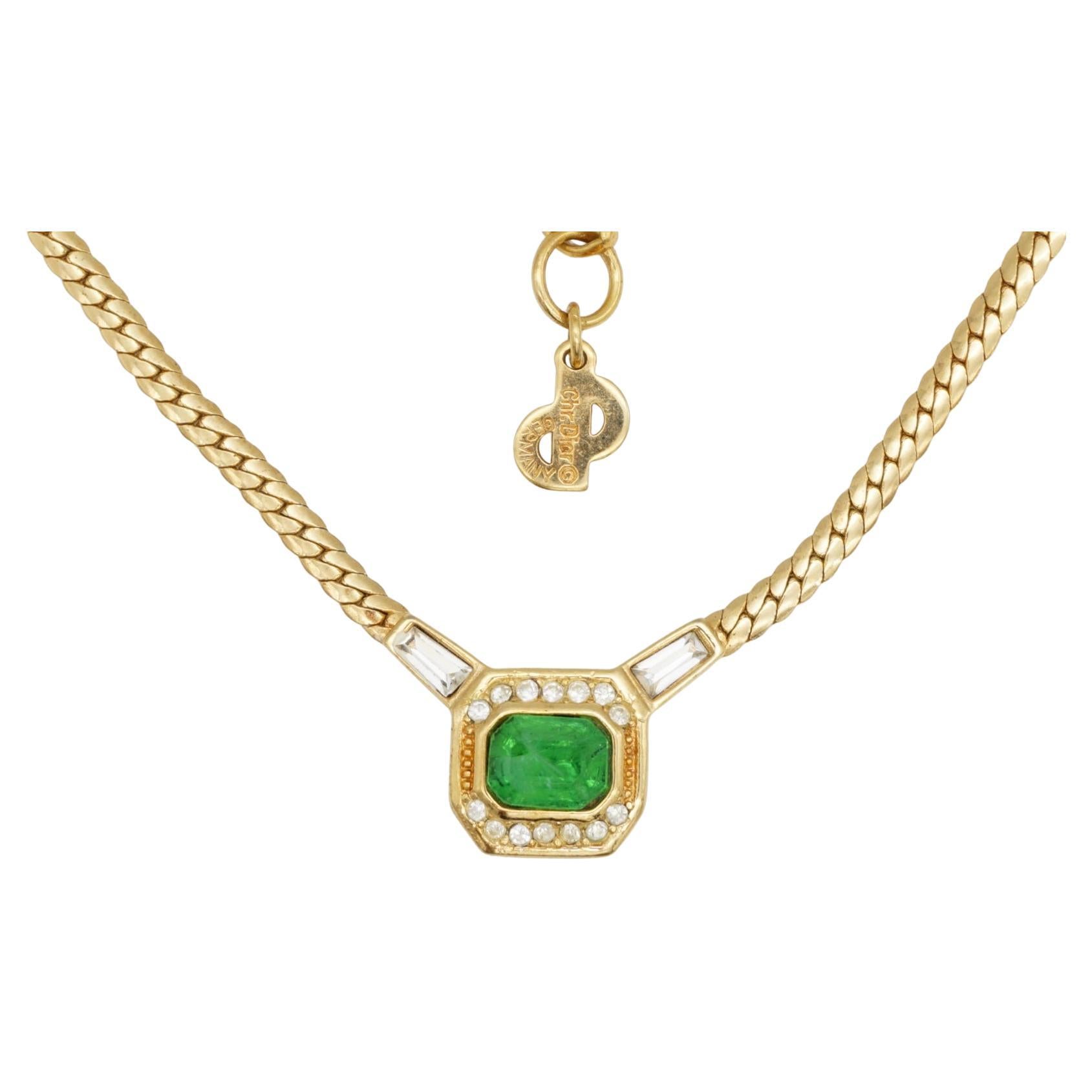 Christian Dior Vintage Gripoix Emerald Octagon Marble Green Crystals Necklace For Sale