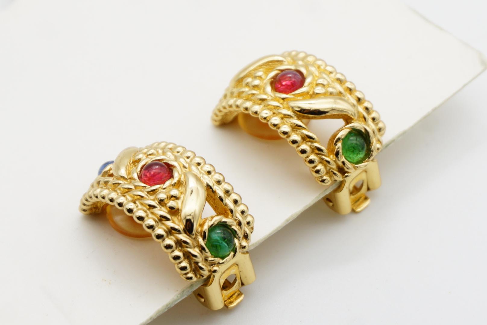 Christian Dior Vintage Gripoix Emerald Ruby Sapphire Crystals Domed Earrings For Sale 5