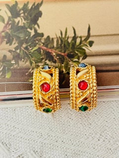 Christian Dior Vintage Gripoix Emerald Ruby Sapphire Crystals Domed Earrings