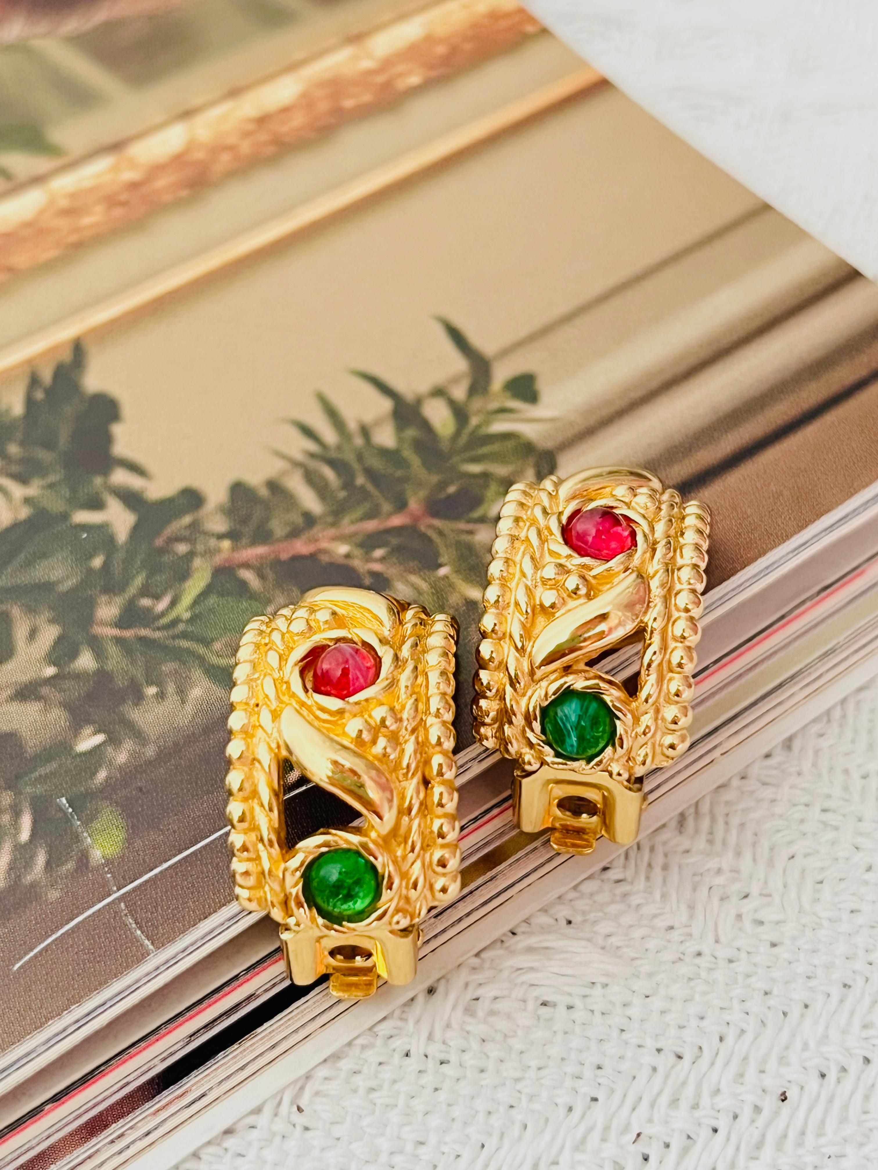 Art Deco Christian Dior Vintage Gripoix Emerald Ruby Sapphire Crystals Domed Earrings For Sale