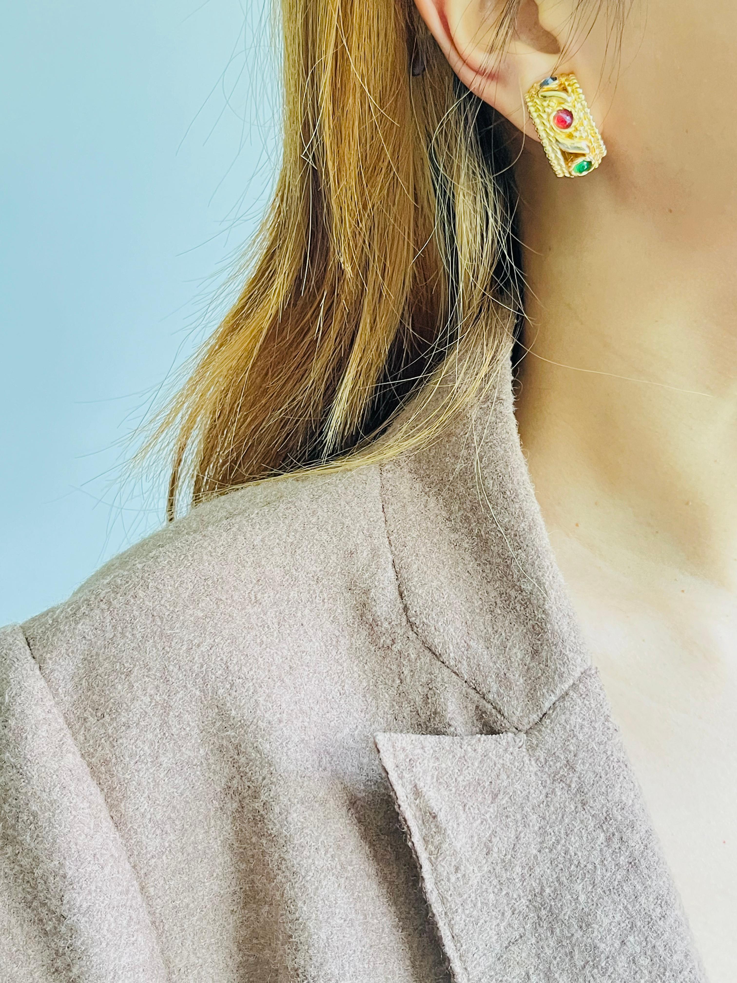 Christian Dior Vintage Gripoix Emerald Ruby Sapphire Crystals Domed Earrings For Sale 1