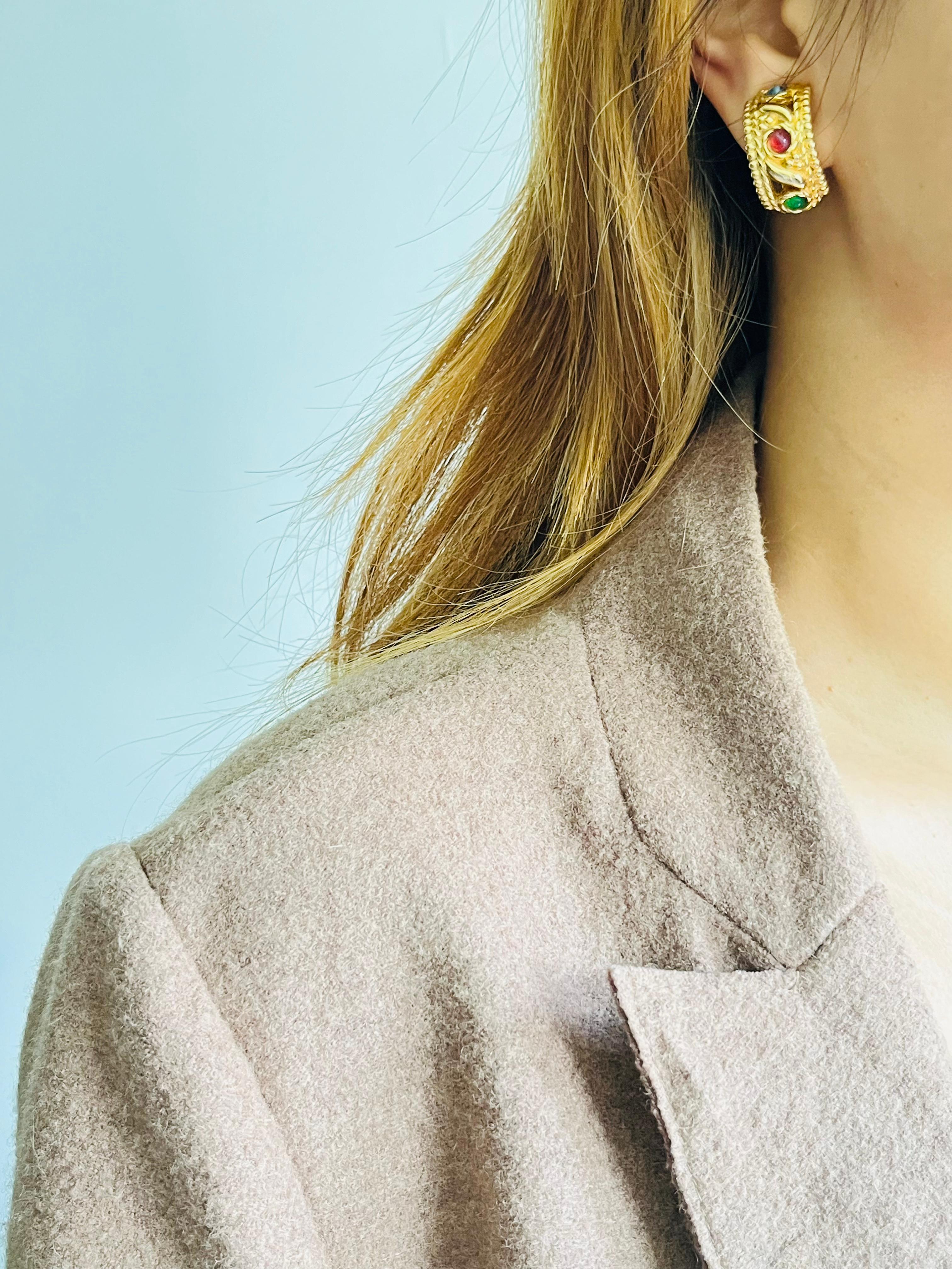 Christian Dior Vintage Gripoix Emerald Ruby Sapphire Crystals Domed Earrings For Sale 2