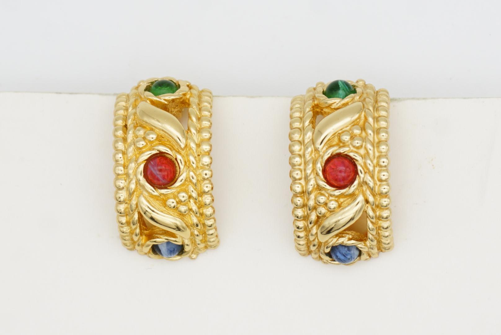 Christian Dior Vintage Gripoix Emerald Ruby Sapphire Crystals Domed Earrings For Sale 3