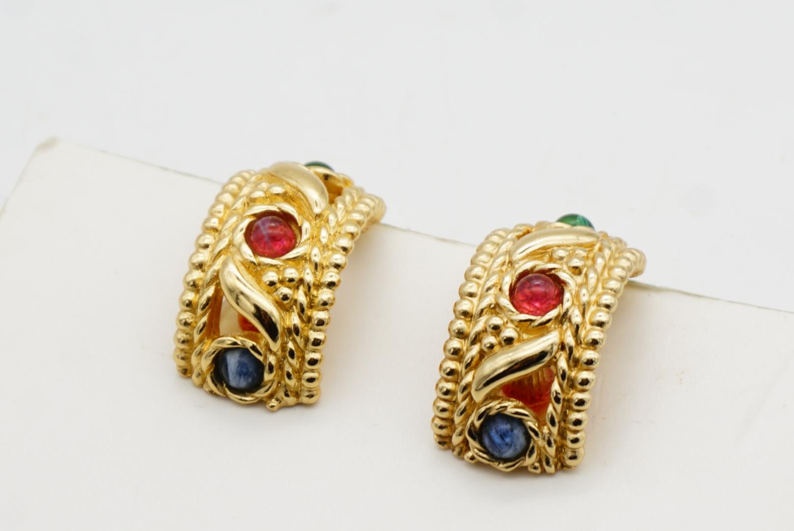 Christian Dior Vintage Gripoix Emerald Ruby Sapphire Crystals Domed Earrings For Sale 4