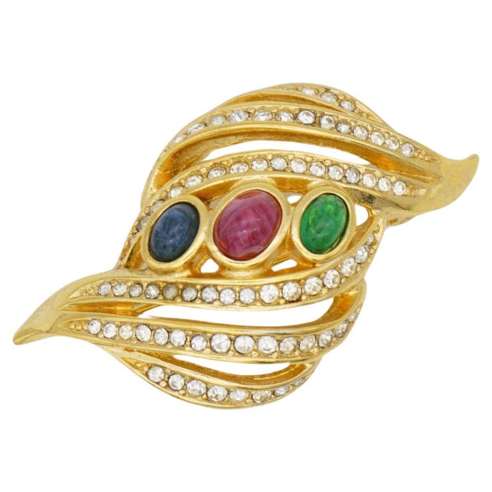 Christian Dior Vintage Gripoix Emerald Ruby Sapphire Crystals Openwork Brooch For Sale