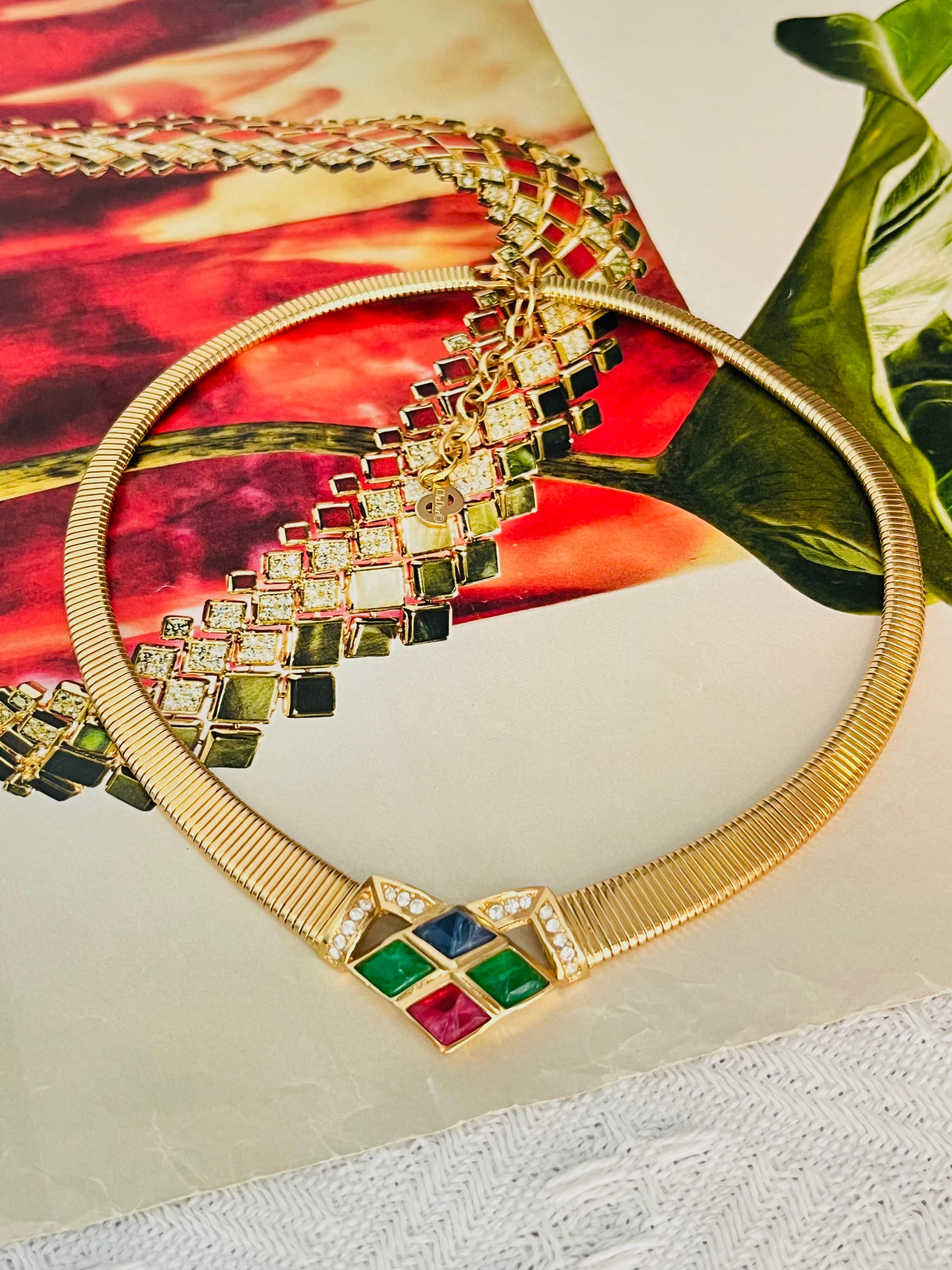 Art Deco Christian Dior Vintage Gripoix Emerald Sapphire Ruby Crystals Omega Necklace For Sale