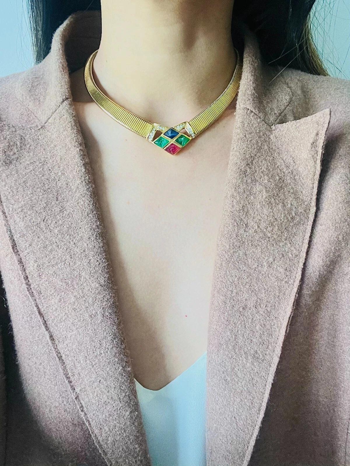 Women's or Men's Christian Dior Vintage Gripoix Emerald Sapphire Ruby Crystals Omega Necklace For Sale