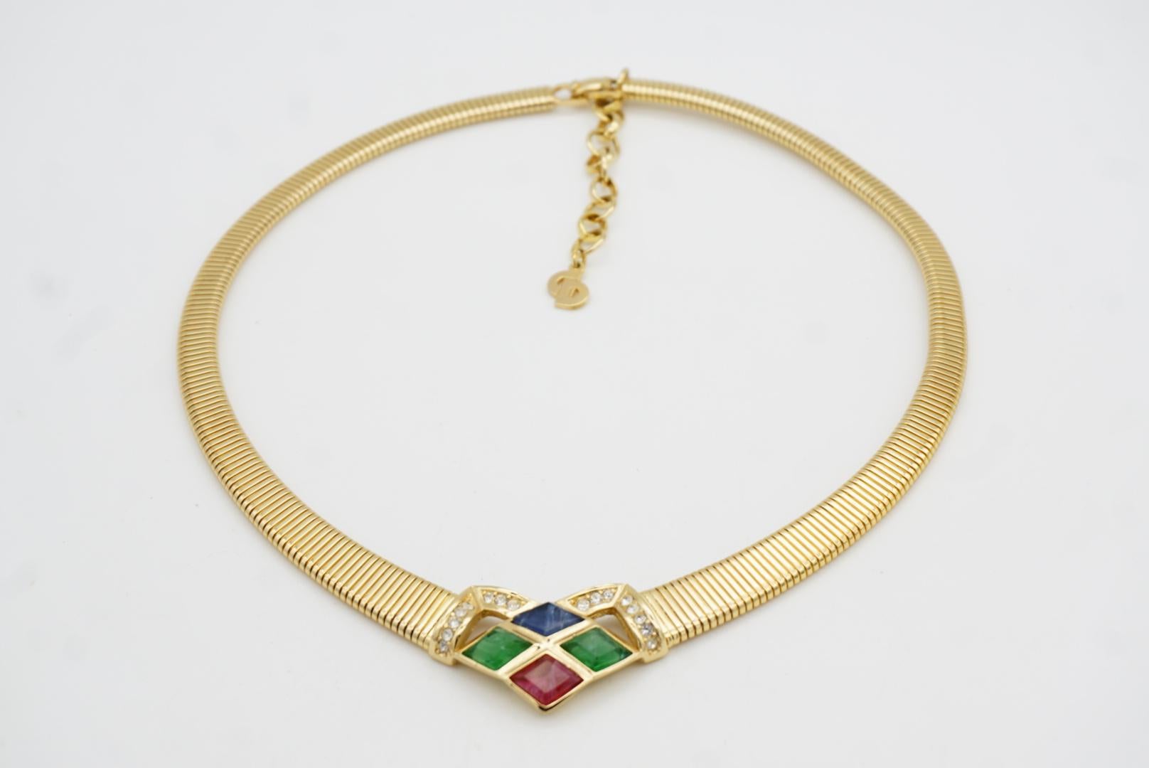 Christian Dior Vintage Gripoix Emerald Sapphire Ruby Crystals Omega Necklace For Sale 3