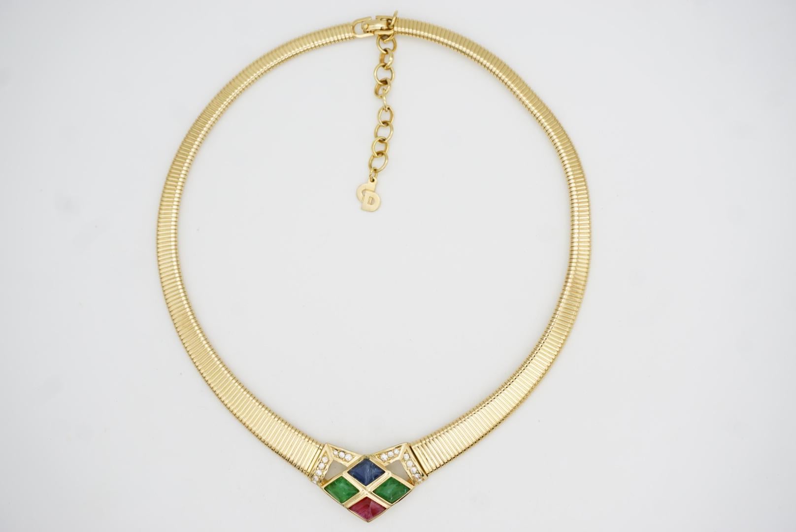 Christian Dior Vintage Gripoix Emerald Sapphire Ruby Crystals Omega Necklace For Sale 4
