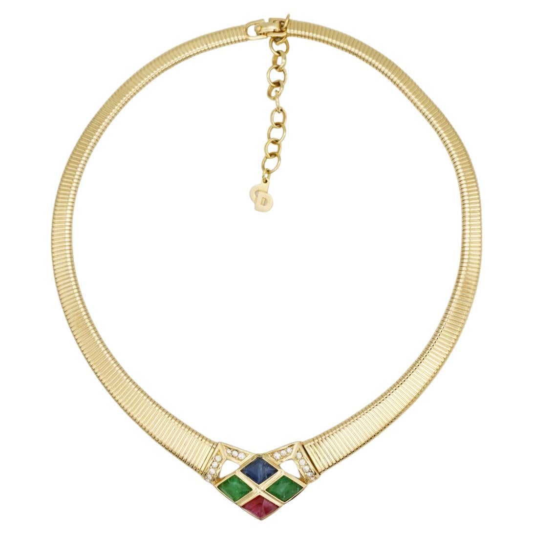 Christian Dior Vintage Gripoix Emerald Sapphire Ruby Crystals Omega Necklace