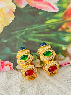 Christian Dior Vintage Gripoix Gold Red Sapphire Ruby Emerald Domed Earrings