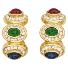 Christian Dior Vintage Gripoix Gold Red Sapphire Ruby Emerald Domed Earrings