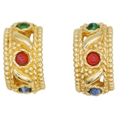 Christian Dior Vintage Gripoix Green Red Blue Emerald Ruby Sapphire Earrings