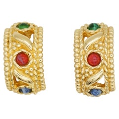Christian Dior Vintage Gripoix Green Red Blue Emerald Ruby Sapphire Earrings