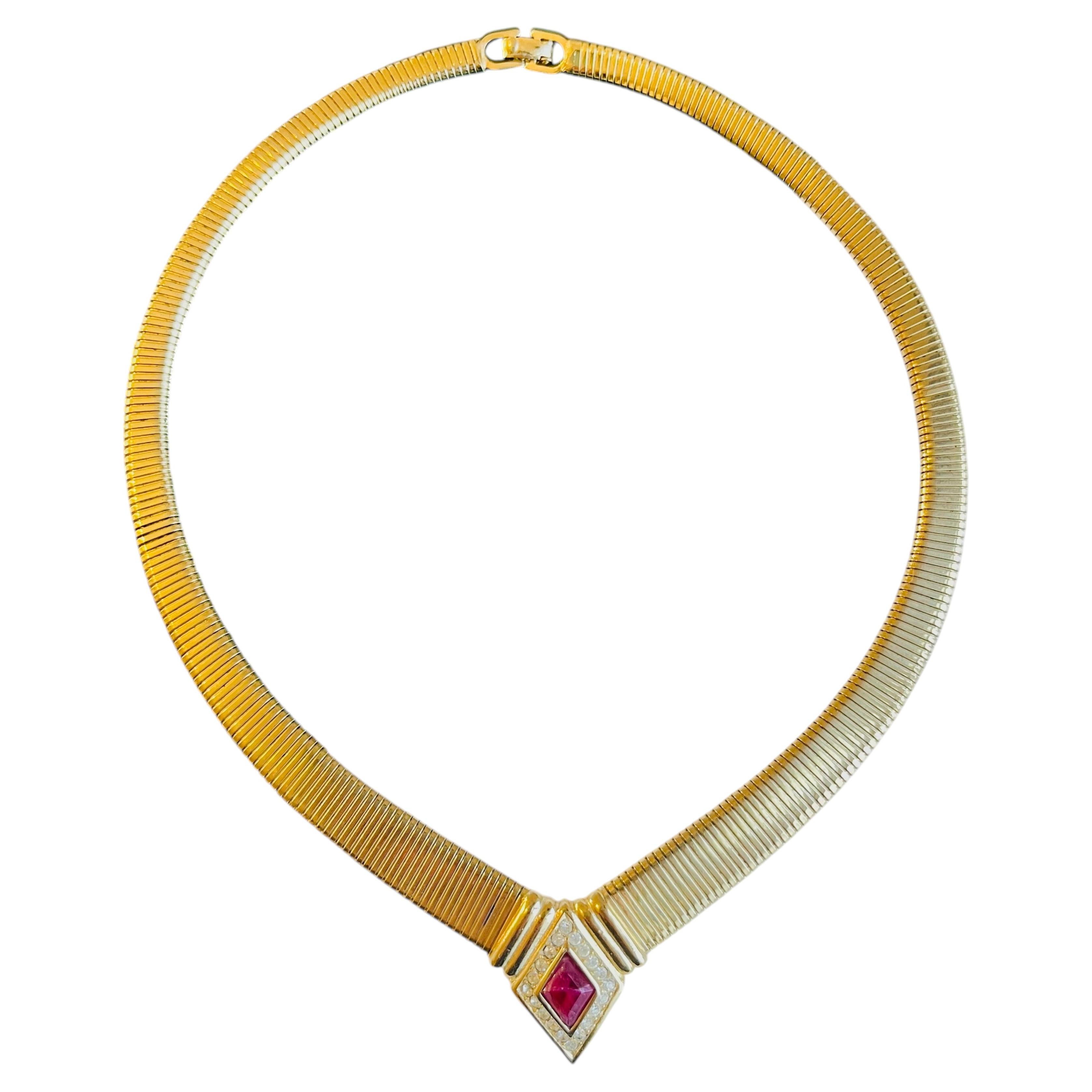 Christian Dior Vintage Gripoix Red Ruby Diamond Ribbed Omega Gold Necklace