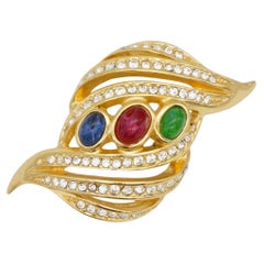 Christian Dior Vintage Gripoix Ruby Sapphire Emerald Crystals Leaf Gold Brooch