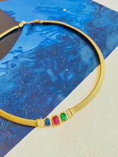 Christian Dior Vintage Sapphire Emerald Ruby Octagon Ribbed Omega Gold Necklace