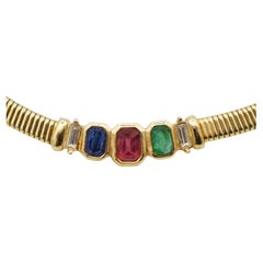 Christian Dior Vintage Sapphire Emerald Ruby Octagon Ribbed Omega Gold Necklace