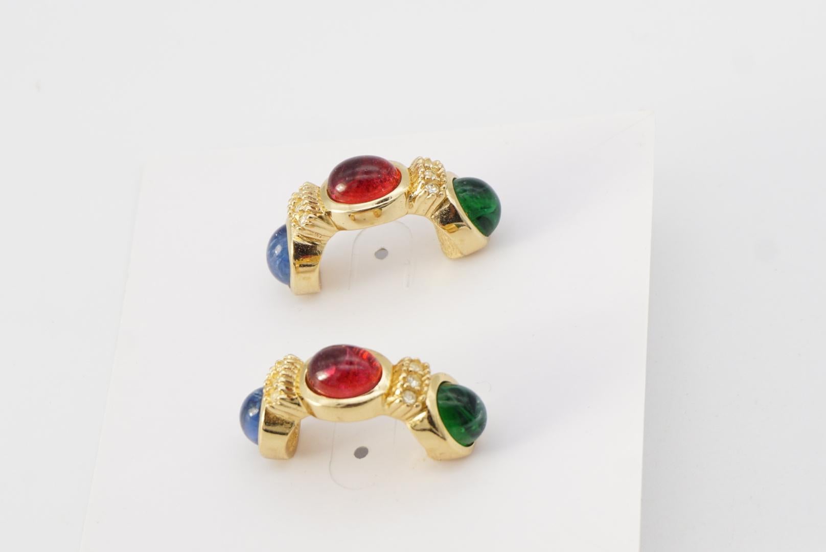 Christian Dior Vintage Gripoix Sapphire Ruby Emerald Crystal Hoop Dome Earrings For Sale 5