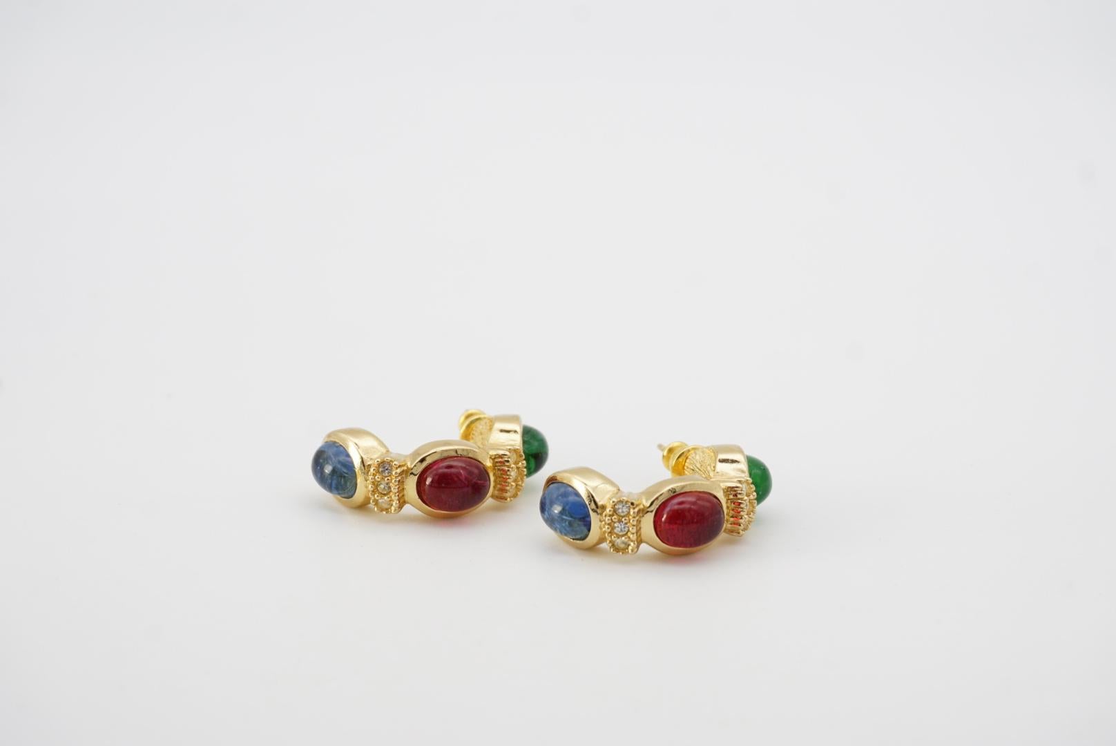 Christian Dior Vintage Gripoix Sapphire Ruby Emerald Crystal Hoop Dome Earrings For Sale 7