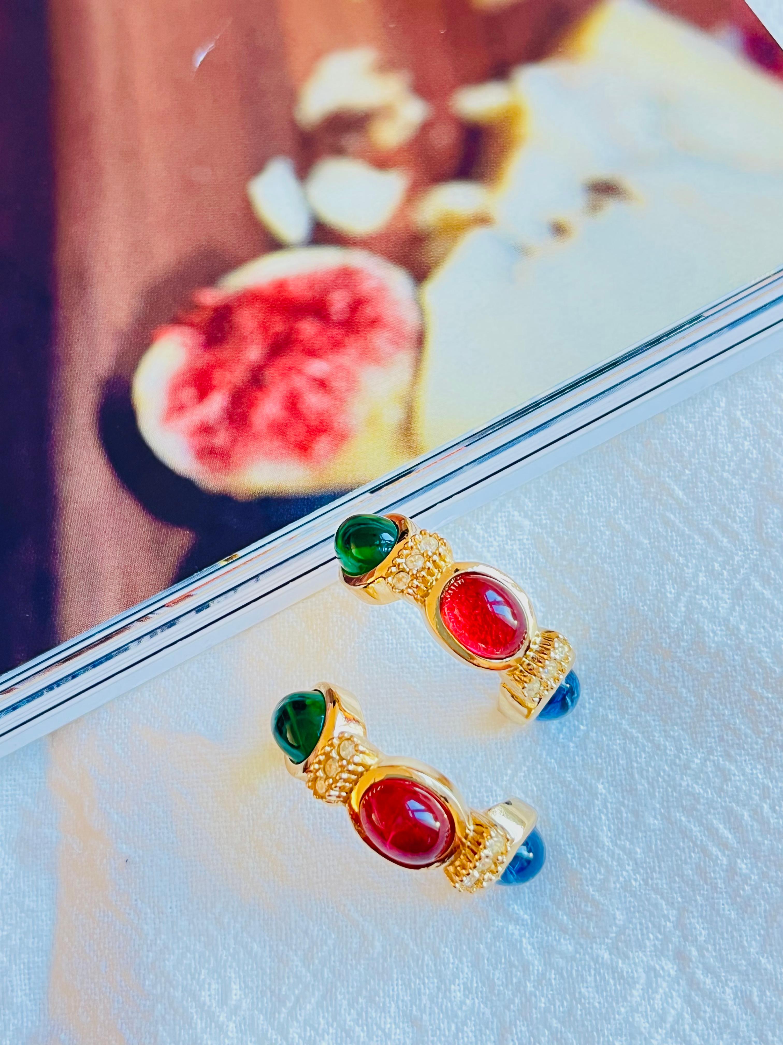 Christian Dior Vintage Gripoix Sapphire Ruby Emerald Crystal Hoop Dome Earrings In Excellent Condition For Sale In Wokingham, England