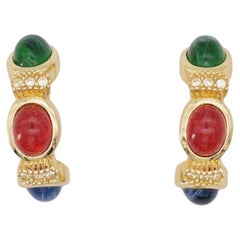 Christian Dior Vintage Gripoix Sapphire Ruby Emerald Crystal Hoop Dome Earrings