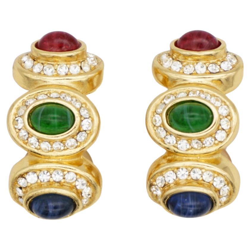 Christian Dior Vintage Gripoix Sapphire Ruby Emerald Crystals Domed Earrings