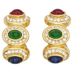 Christian Dior Vintage Gripoix Sapphire Ruby Emerald Crystals Domed Earrings