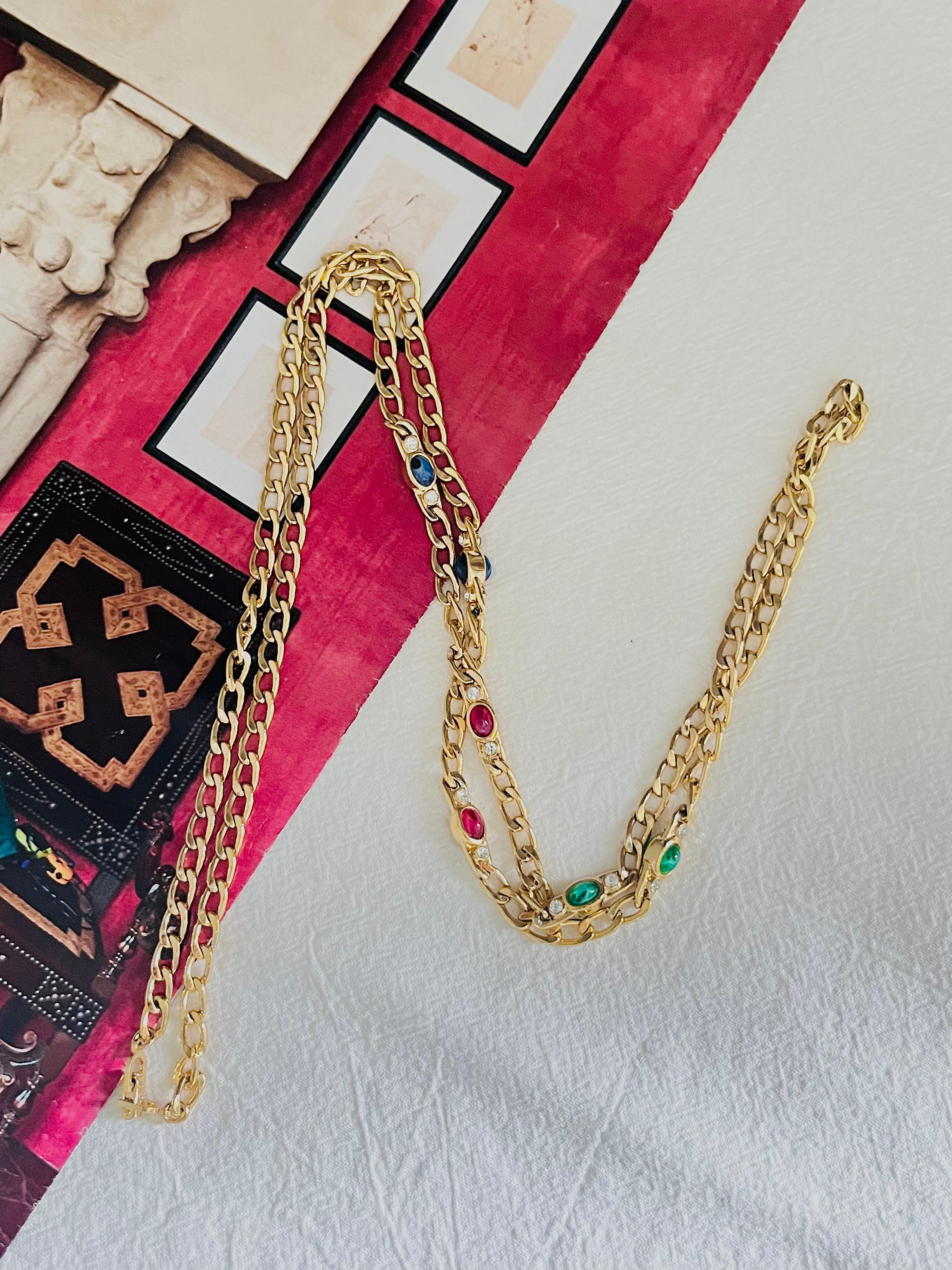 Christian Dior Vintage 1980s Gripoix Sapphire Ruby Emerald Navy Blue Green Red Cabochon Crystals Double Side Multi Strands Layers Figaro Chain Long Necklace, Gold Tone

A versatile necklace. It also can be worn as bracelet or add a pendant on the