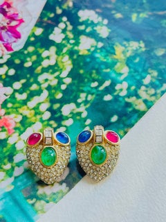 Christian Dior Vintage GROSSE 1960 Gripoix Heart Ruby Sapphire Emerald Earrings