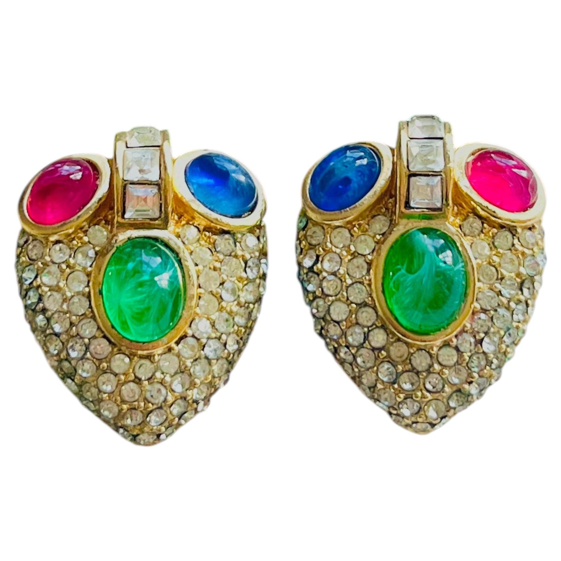Christian Dior Vintage GROSSE 1960 Gripoix Heart Ruby Sapphire Emerald Earrings For Sale