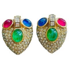 Christian Dior Vintage GROSSE 1960 Gripoix Heart Ruby Sapphire Emerald Earrings