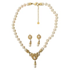 Christian Dior Vintage GROSSE Gold Baroque Flower White Pearls Water Drop 2 Set