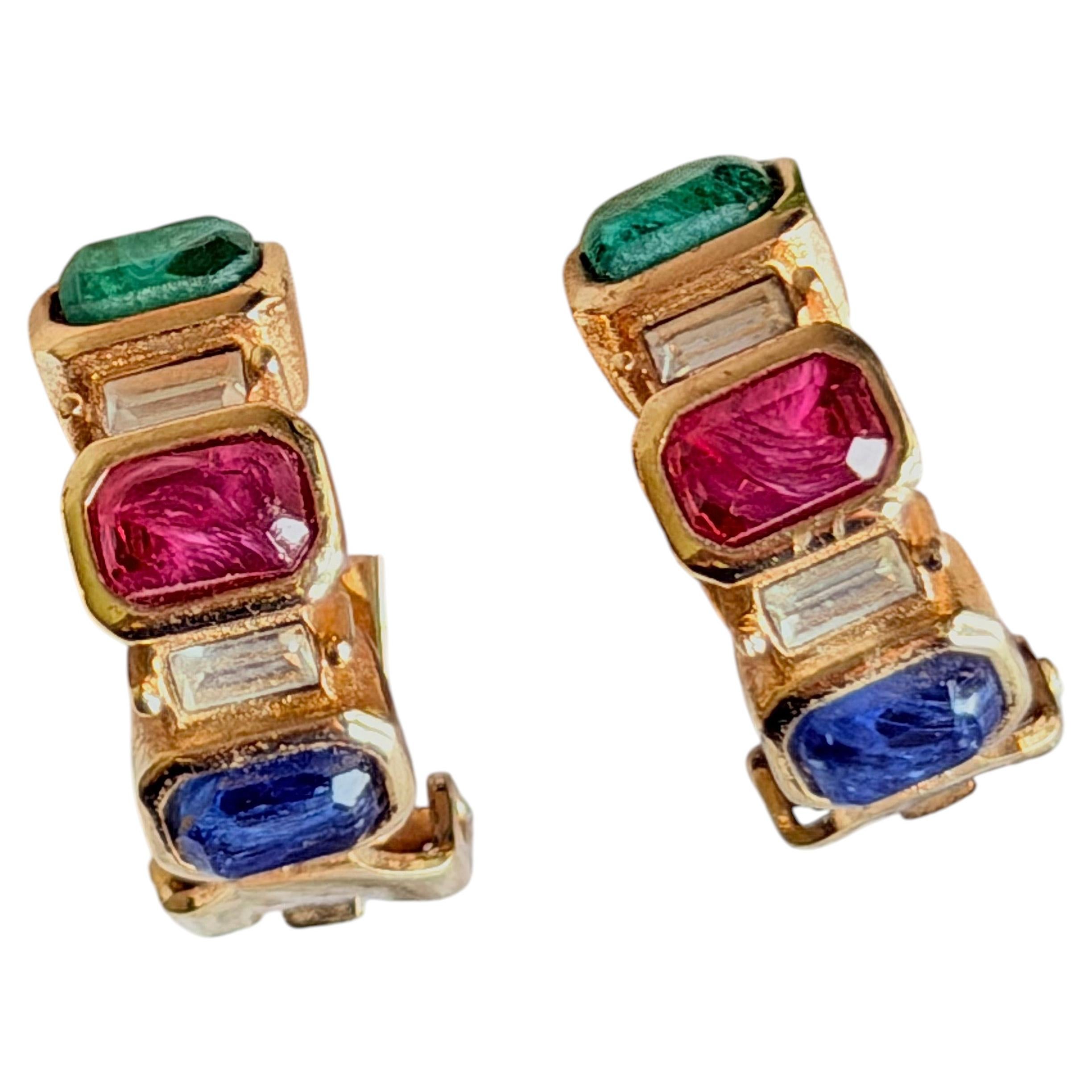 Christian Dior Vintage GROSSE Gripoix Ruby Emerald Sapphire Octagon Earrings