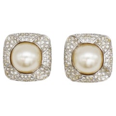 Christian Dior Vintage GROSSE White Round Pearl Crystals Clover Square Earrings