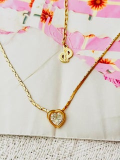 Christian Dior Vintage Heart Love Clear Crystals Pendant Gold Elegant Necklace