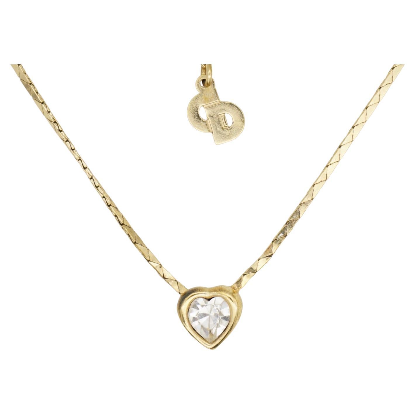 Christian Dior Ciondolo Vintage Cuore Amore Cristalli Chiari Oro Collana Eleg