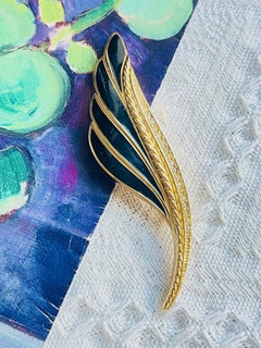 Christian Dior Vintage Huge Black Enamel Crystals Leaf Feather Chunky Brooch