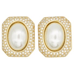 Christian Dior Vintage Huge Octagon White Oval Pearl Crystals Chunky Earrings
