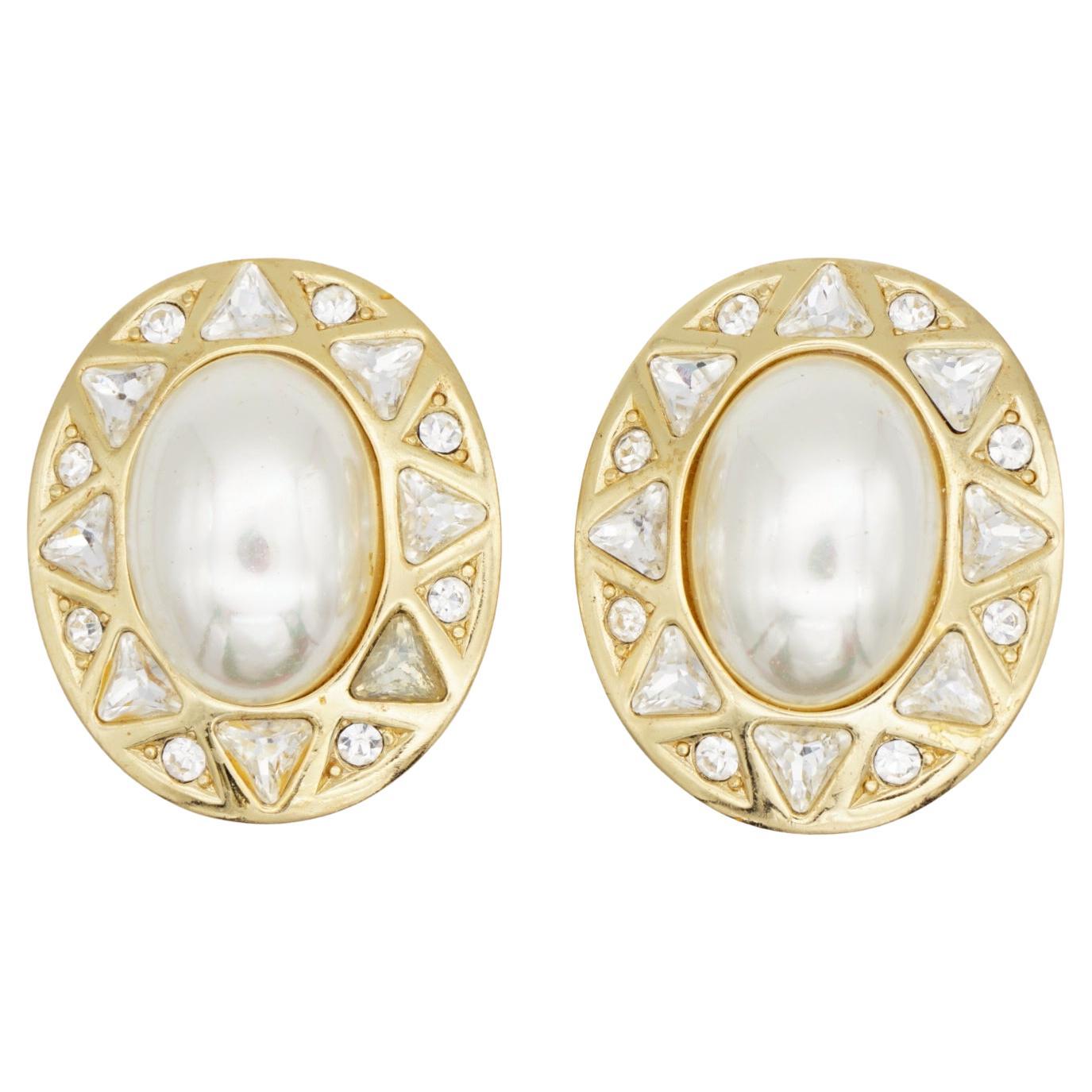 Christian Dior Vintage Huge Pearl Crystals White Oval Triangle Circle Earrings For Sale
