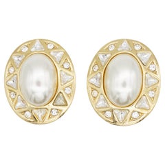 Christian Dior Vintage Huge Pearl Crystals White Oval Triangle Circle Earrings