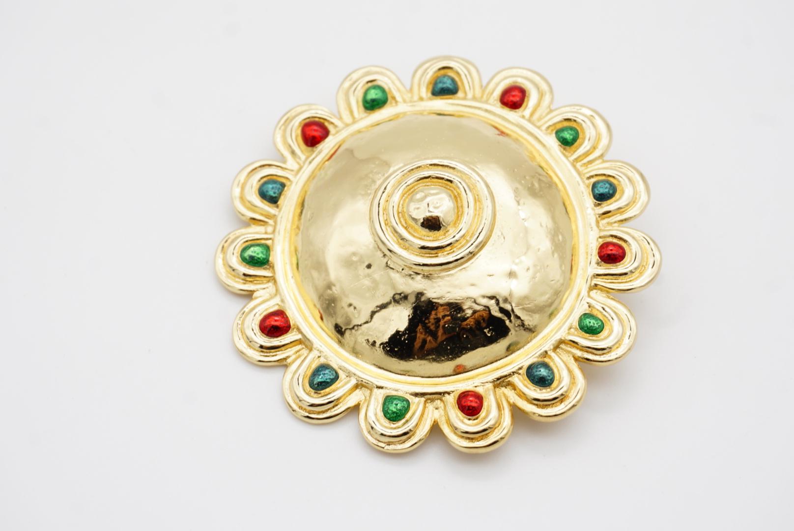 Christian Dior Vintage Huge Round Sunburst Ruby Emerald Sapphire Dome Brooch en vente 5