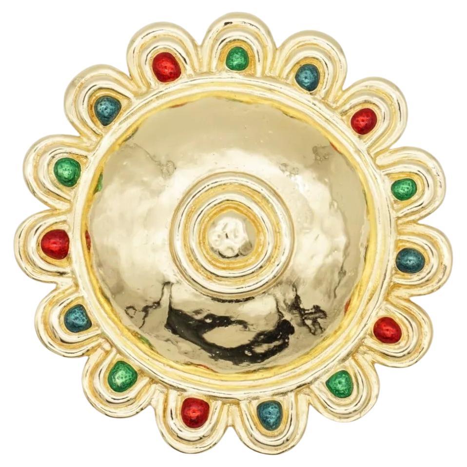 Christian Dior Vintage Huge Round Sunburst Ruby Emerald Sapphire Dome Brooch