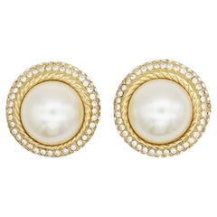 Christian Dior Vintage Iconic Extra Large White Round Pearl Crystals Earrings